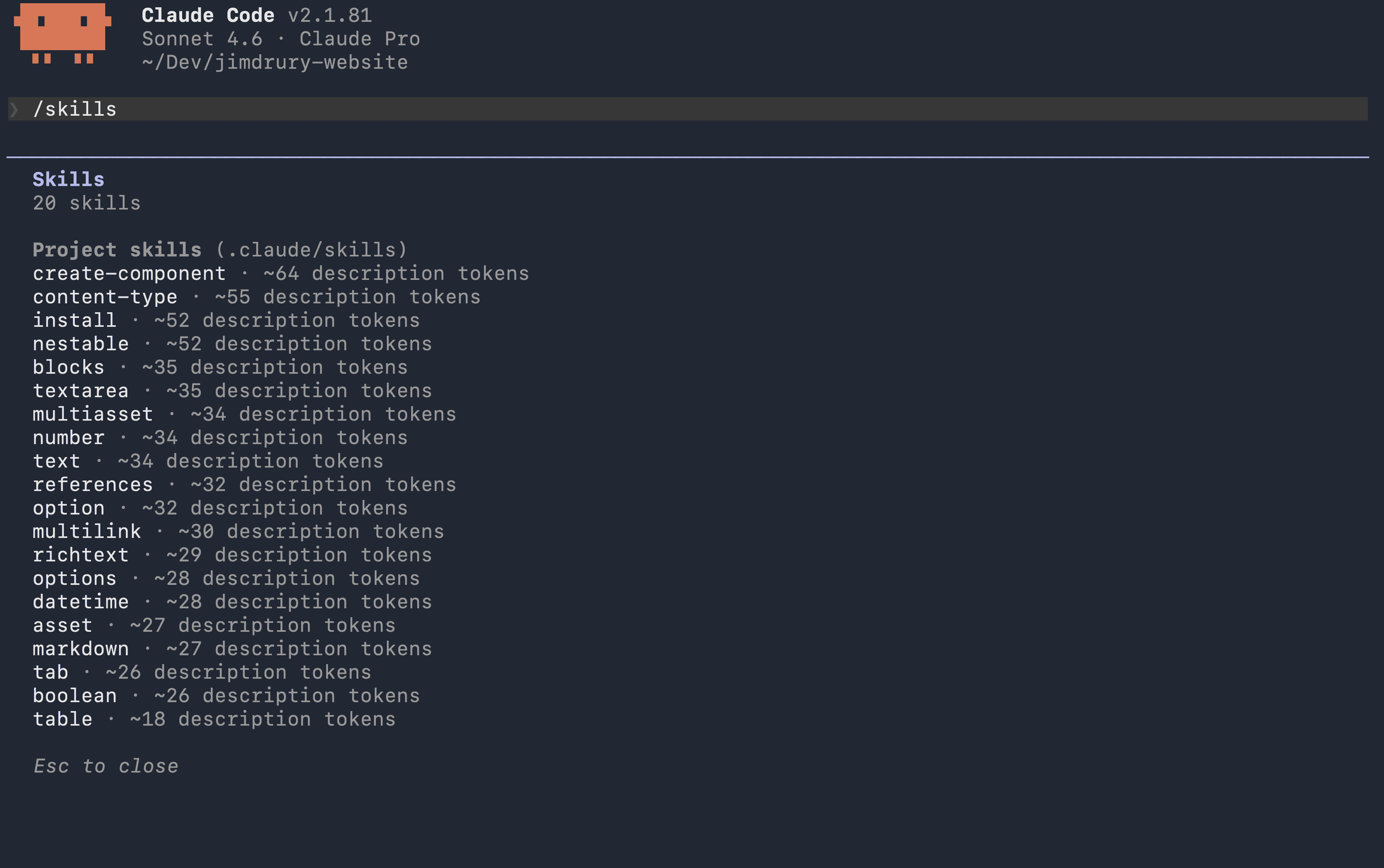 Claude Code showing a list of skills enabled within a project
