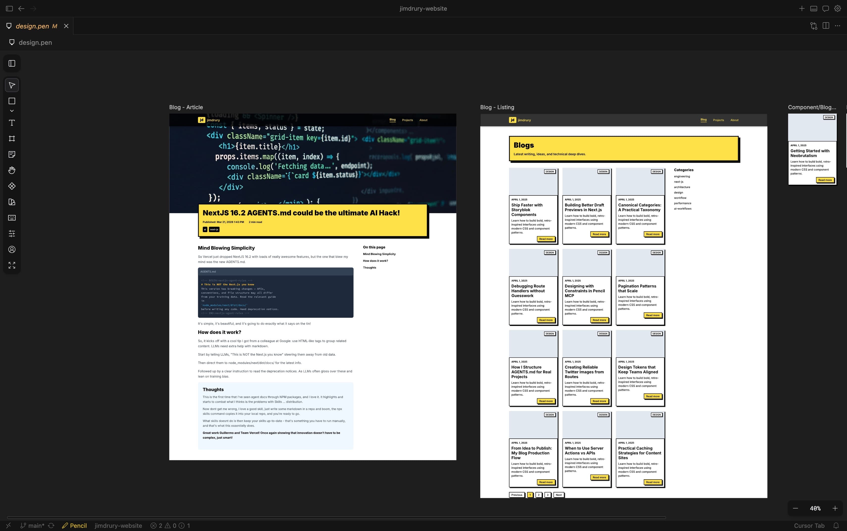 Two website mockup pages: one with a code snippet and article, the other displaying a grid of blog post previews with yellow accents.