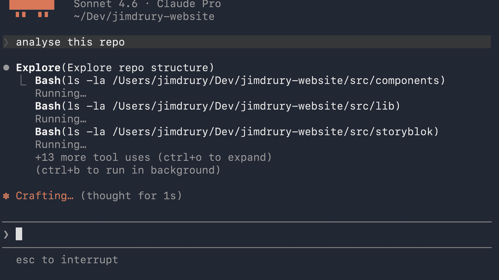A screenshot of Claude code running a simple 'analyse this repo' prompt