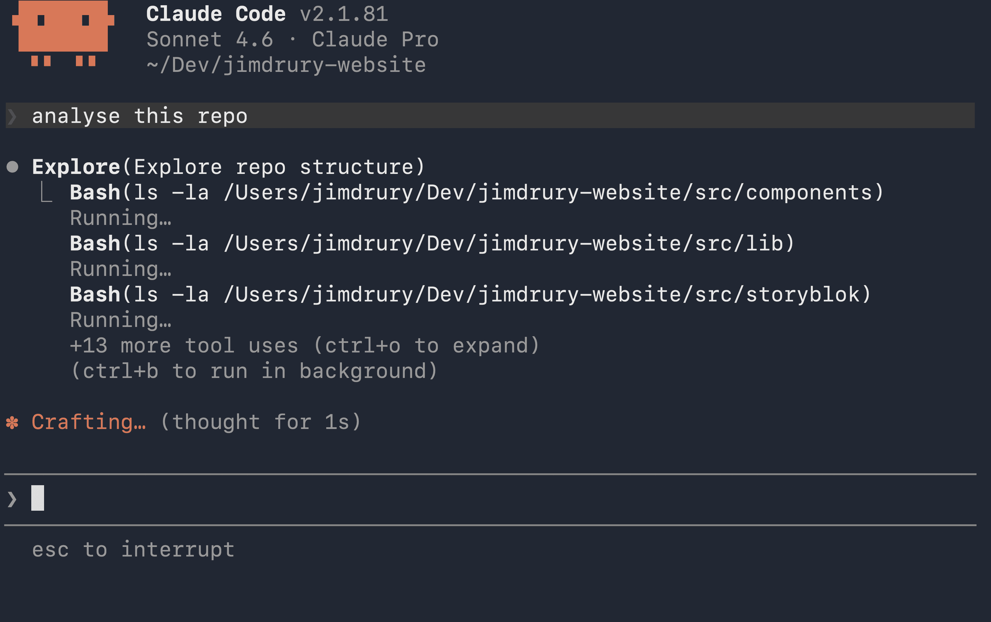 A screenshot of Claude code running a simple 'analyse this repo' prompt