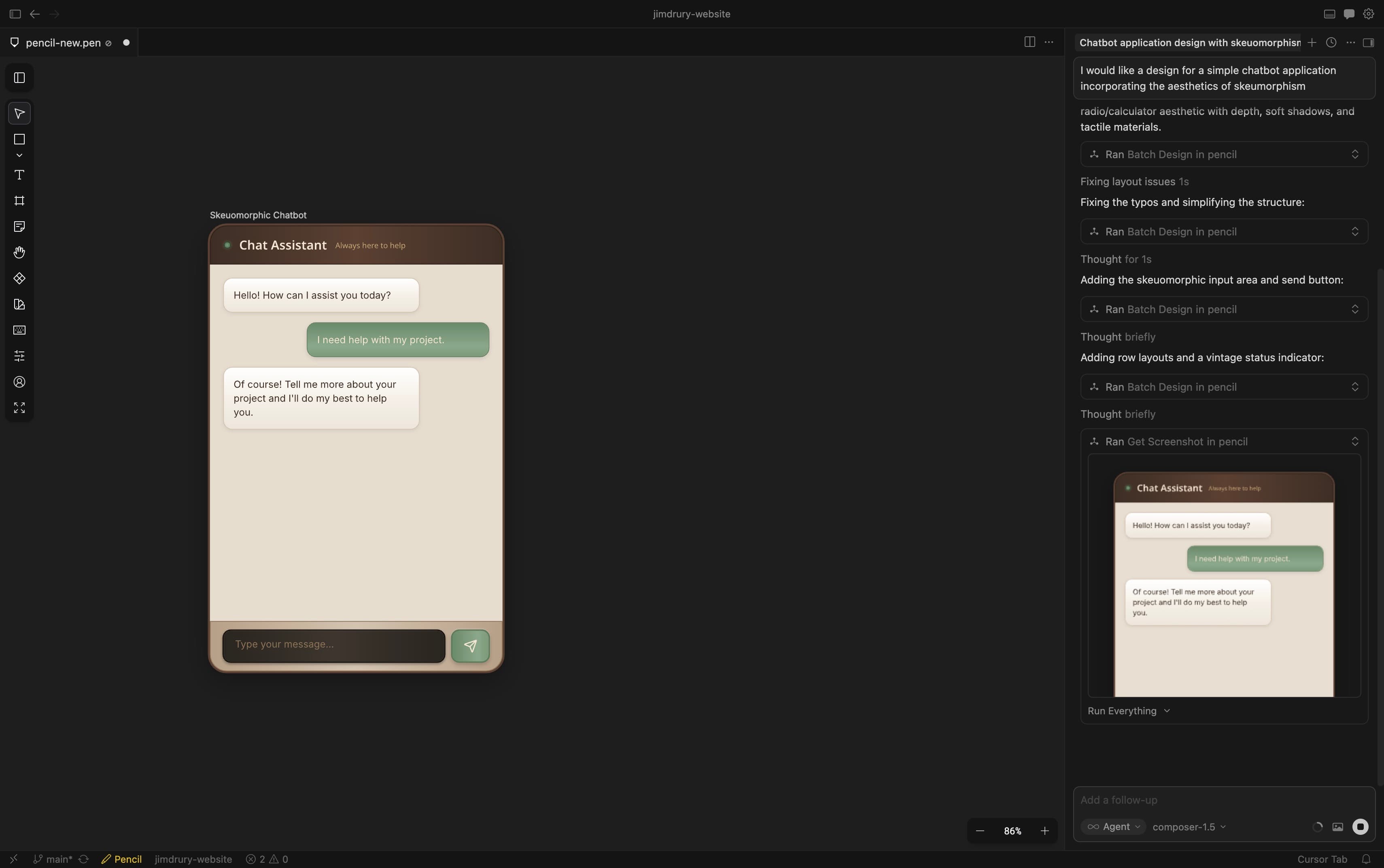 A skeumorphic chatbot designed in Pencil for Cursor
