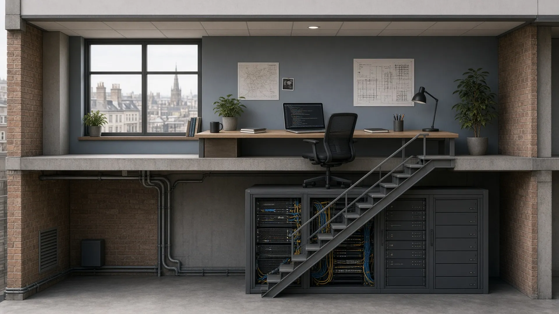 Cutaway of a two-floor building: upstairs a developer desk, downstairs a gateway server rack