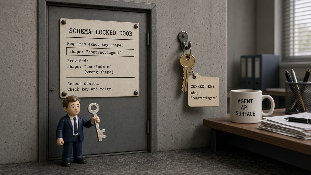 Figurine with the wrong key stopped at a typed contract lock, correct key hanging nearby