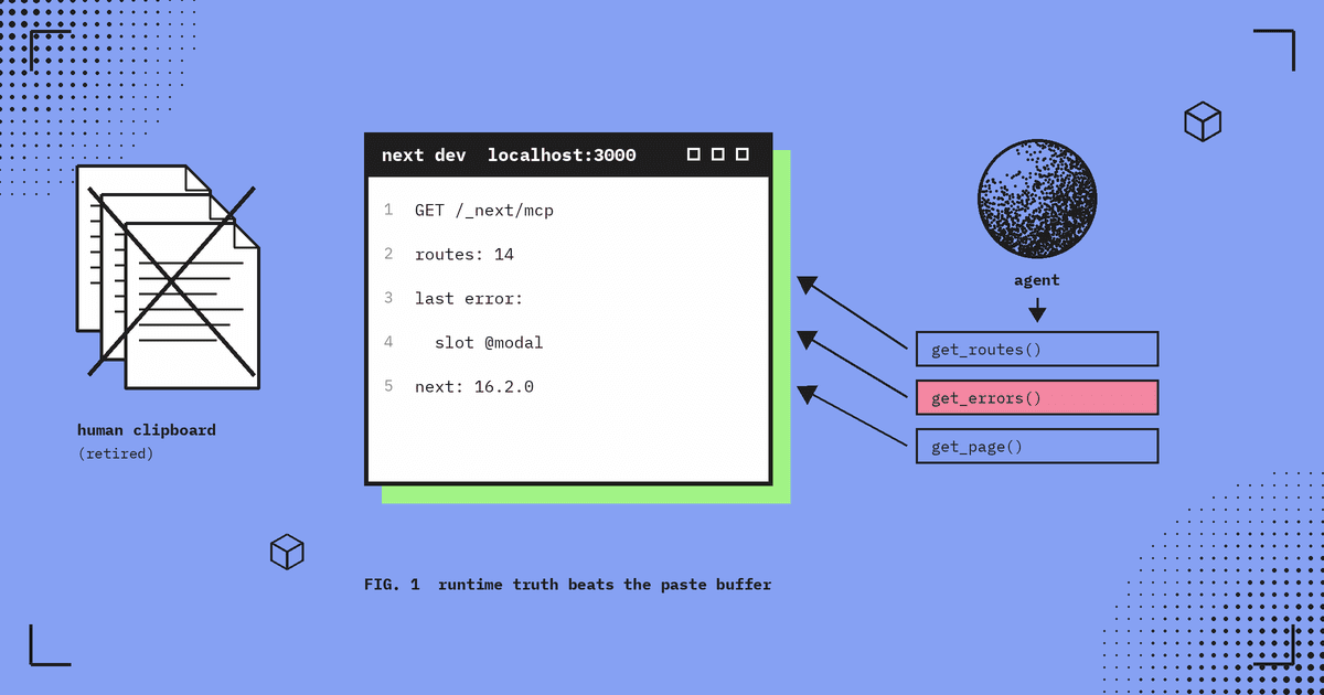 Flat blue editorial illustration: a crossed-out pile of pasted stack traces labelled human clipboard (retired), beside a next dev localhost:3000 terminal answering /_next/mcp queries (routes, last error slot @modal, next 16.2.0) from an agent calling get_routes, get_errors and get_page.
