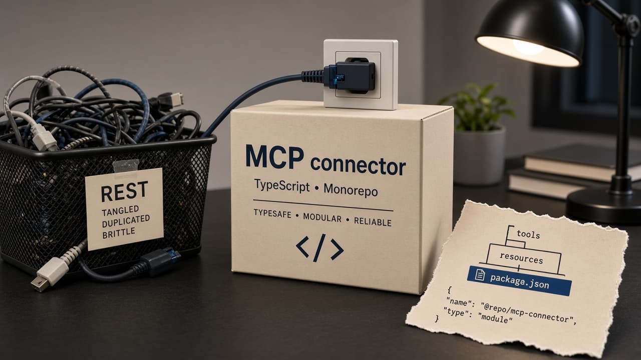 MCP connector package box plugged into one clean socket; tangled REST cables in a bin