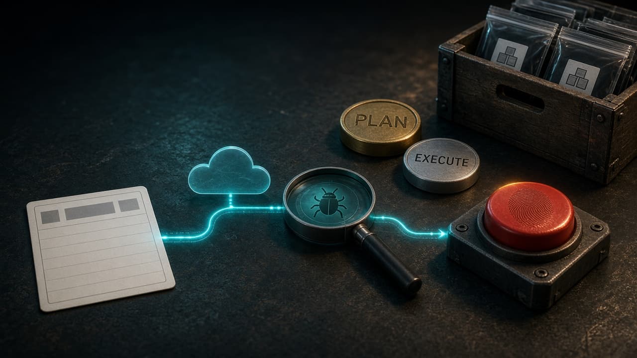 Workbench pipeline from ticket through cloud and bug review to a human RELEASE button.