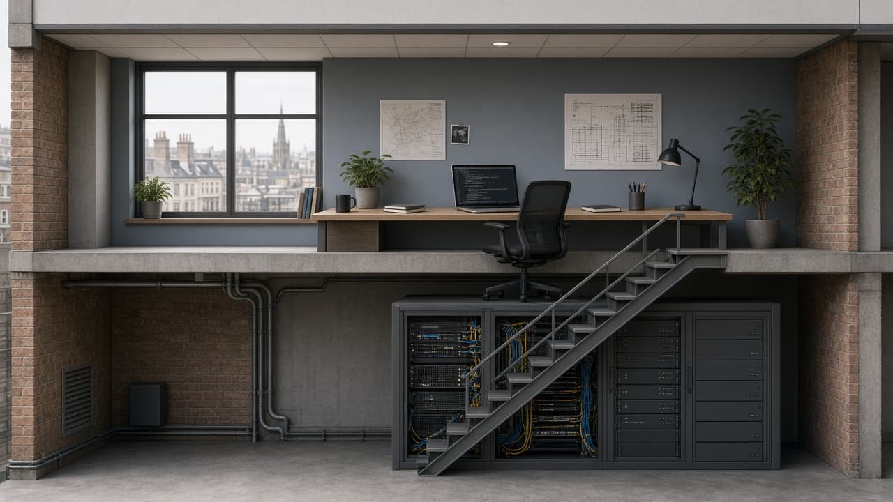 Cutaway of a two-floor building: upstairs a developer desk, downstairs a gateway server rack