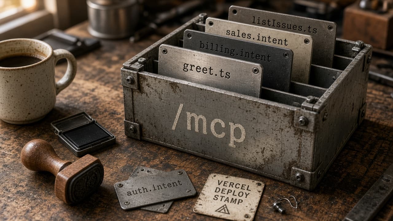 Stamped intent plates greet.ts billing.intent sales.intent sliding into bolted /mcp crate on workshop desk