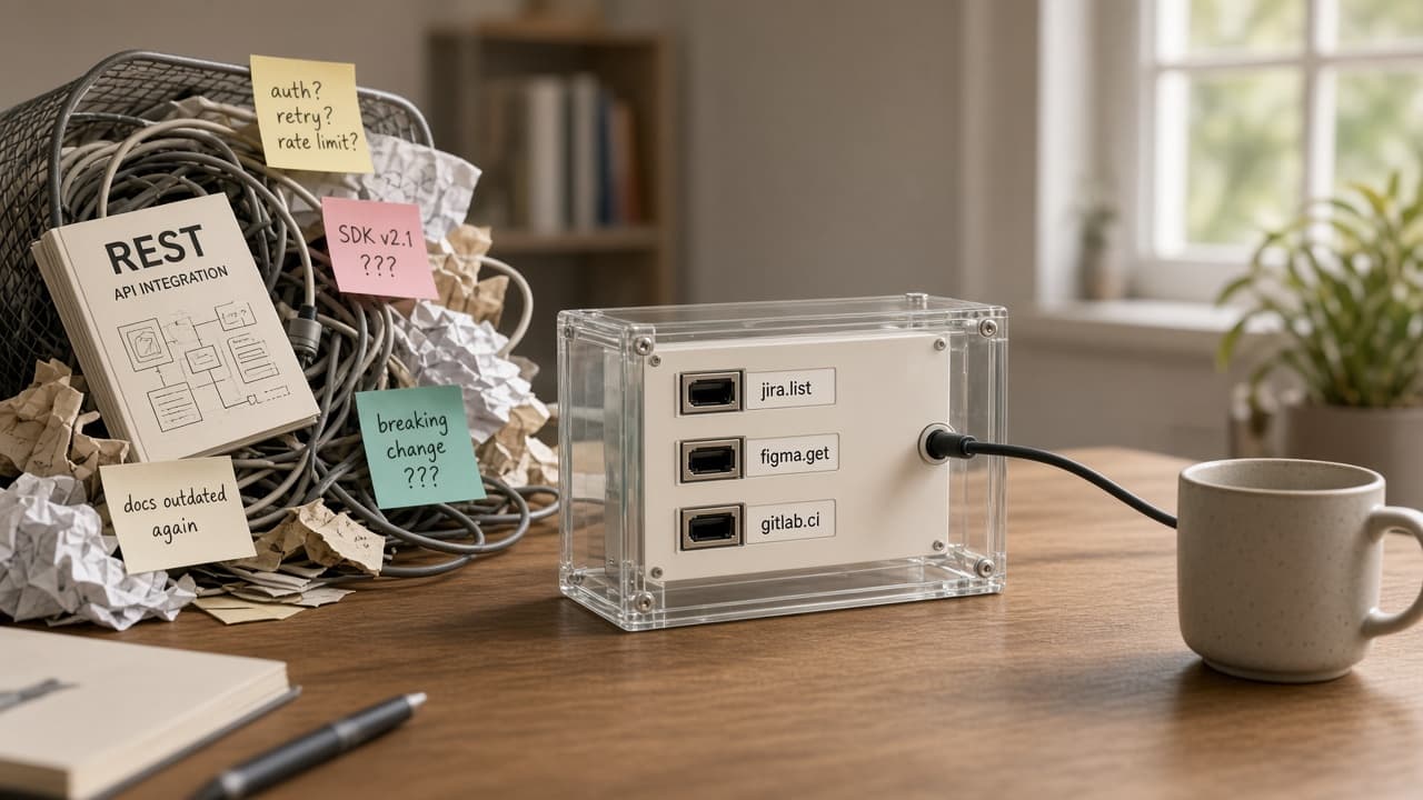 Clear MCP switchboard with jira.list, figma.get, gitlab.ci ports beside a bin of tangled REST cables and sticky notes