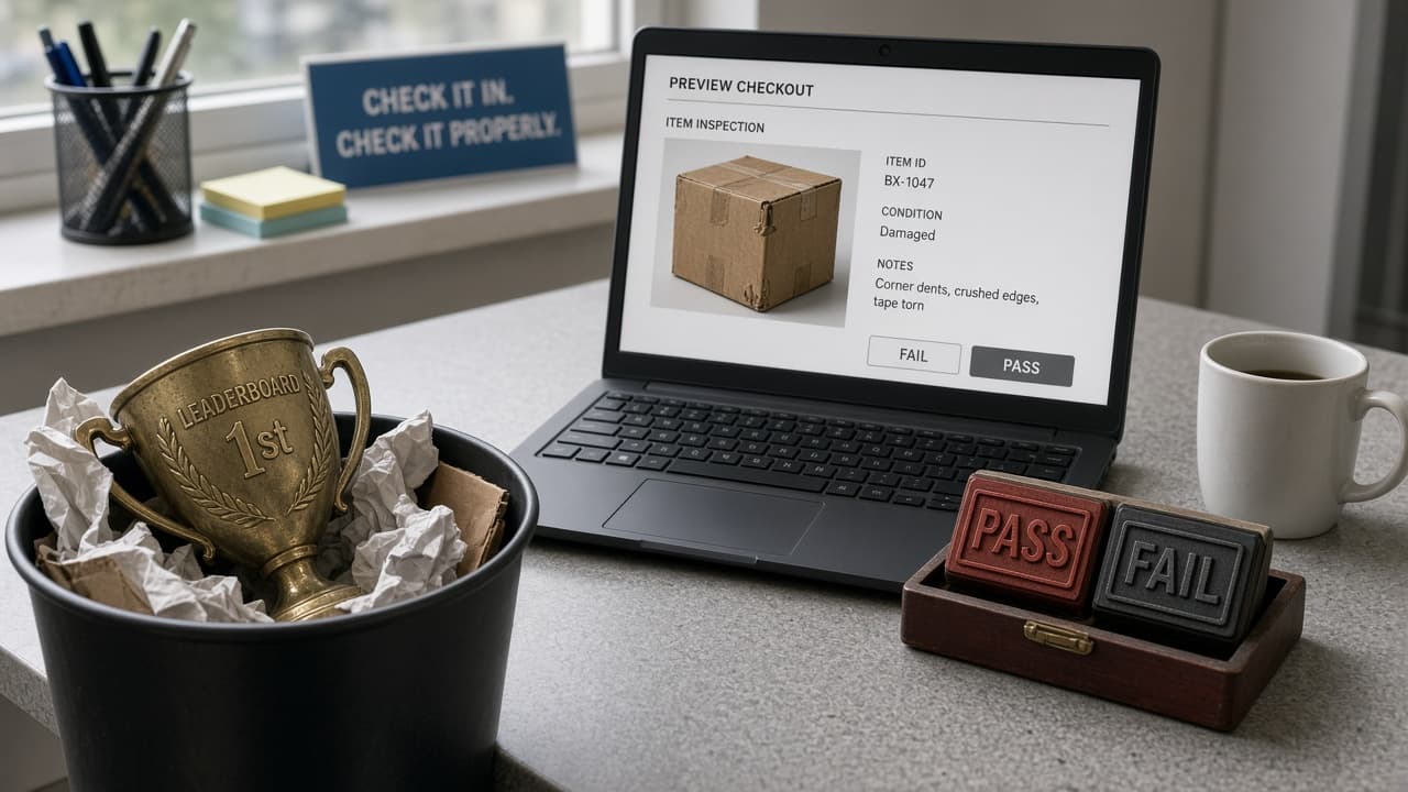 Discarded leaderboard trophy beside a preview checkout laptop and pass-fail stamp tray