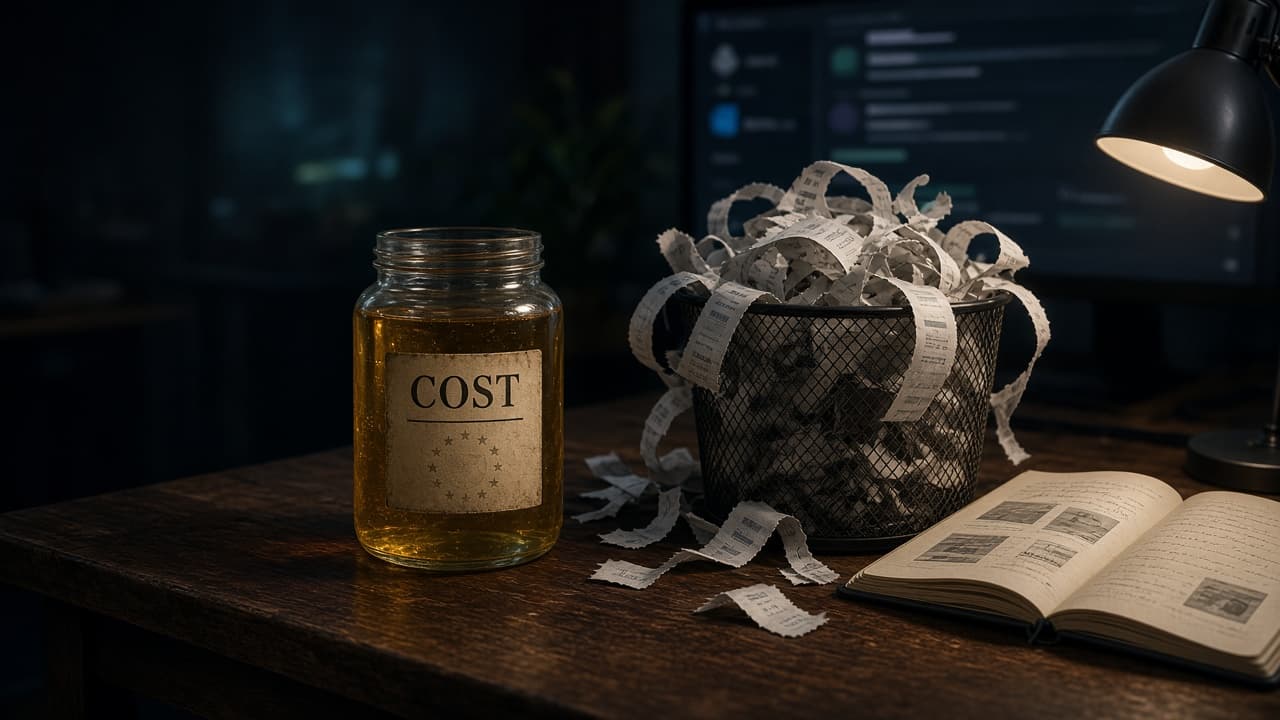 Glass COST jar of amber light beside a bin overflowing with token receipts: known spend vs token surprise