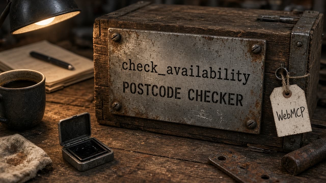Bolted get_addresses / get_availability / create_basket plate on an engineering desk with a WebMCP tag