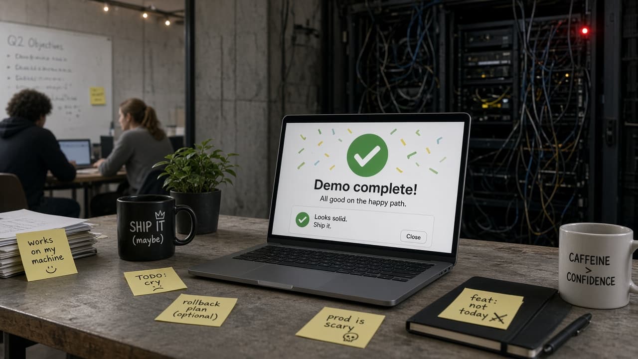 Laptop showing a cheerful demo-complete screen while sticky notes and a messy server rack hint that production is already haunted